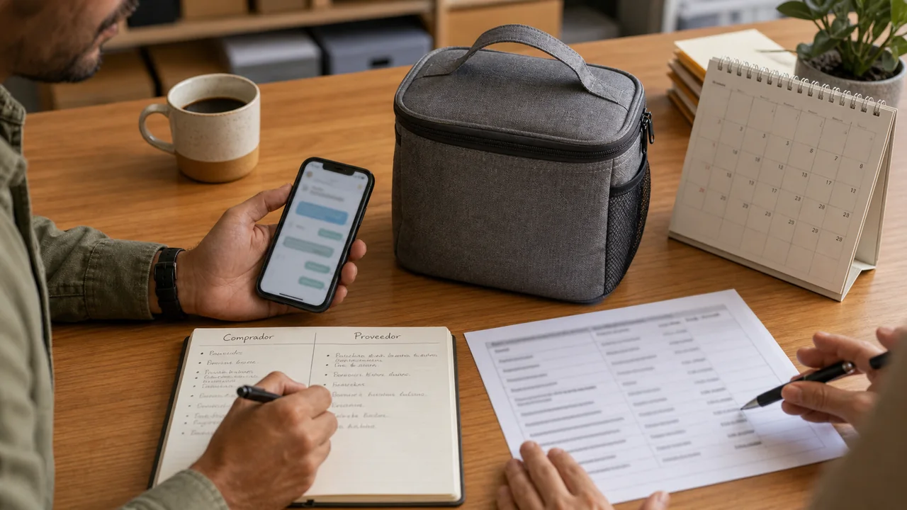 Celular com conversa borrada, bolsa térmica pequena, calendário e cotação de fornecedor