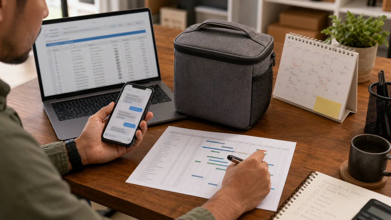 Comprador latino-americano negociando prazo com amostra e calendário sobre a mesa