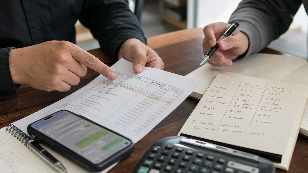 Mesa com celular, cotação impressa, calculadora e anotações de negociação comercial