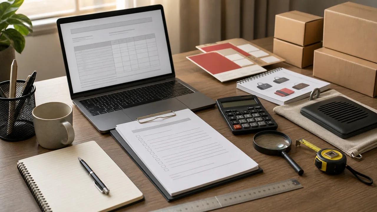 Mesa de negociação com laptop, amostra de produto, fita métrica e checklist de cotação